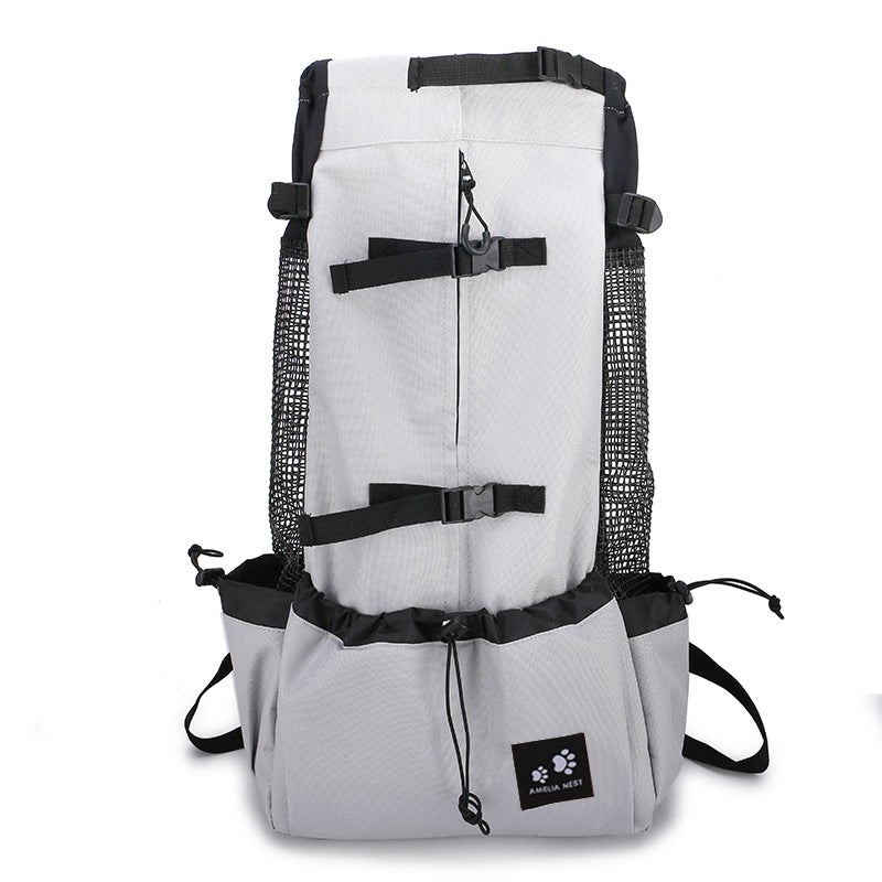 PawTrek™ Dog Carrier Backpack with a small dog being carried comfortably by a person outdoors, ideal for travel.