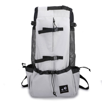PawTrek™ Dog Carrier Backpack with a small dog being carried comfortably by a person outdoors, ideal for travel.