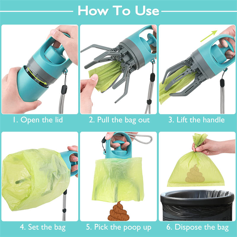 Dog Pooper Scooper with Built-In Bag Dispenser | 8-Claw Pick-Up Tool