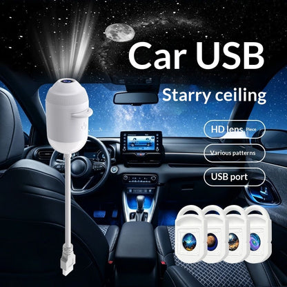 Starry Night Light Projector in car with USB connection creating a starry ceiling ambiance.