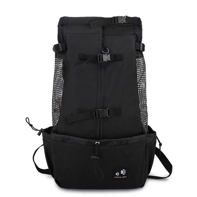 Dog carrier backpack carrying a small French Bulldog on a person's back, ideal for portable pet travel with PawTrek™.