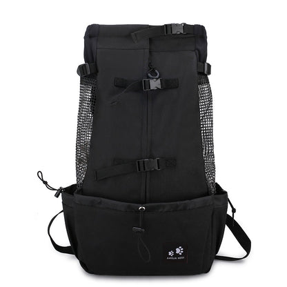 Dog carrier backpack carrying a small French Bulldog on a person's back, ideal for portable pet travel with PawTrek™.