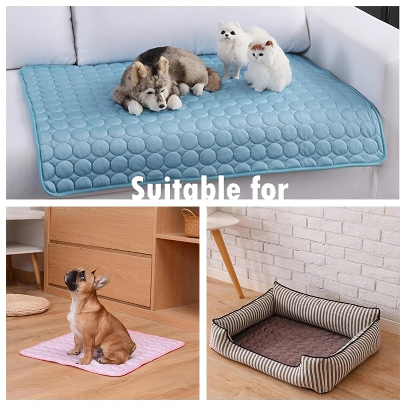 Dog lying on ice silk cooling mat - summer heat relief for pets