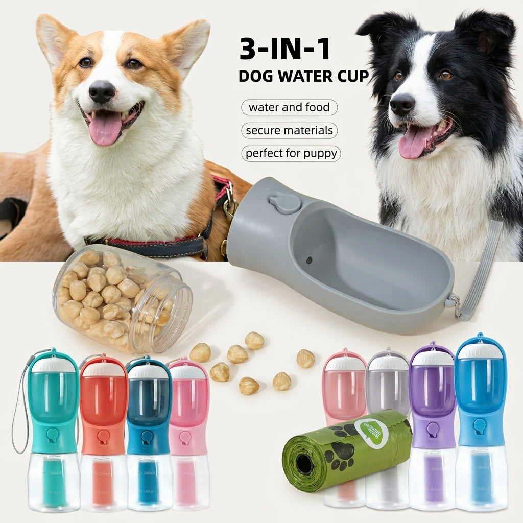 3-in-1 Pet Travel Bottle — Water, Food & Waste Bag Dispenser
