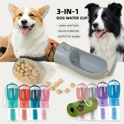 3-in-1 Pet Travel Bottle — Water, Food & Waste Bag Dispenser