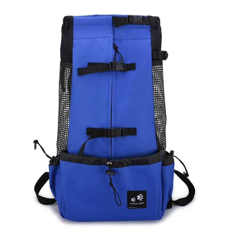 Dog carrier backpack carrying a small French Bulldog on a person's back, ideal for portable pet travel with PawTrek™.