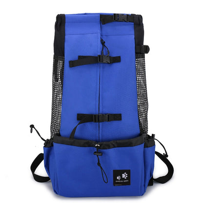 Dog carrier backpack carrying a small French Bulldog on a person's back, ideal for portable pet travel with PawTrek™.