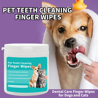 Pet ear and teeth cleaning wipes for dogs and cats in attractive packaging with a playful puppy using a finger wipe.