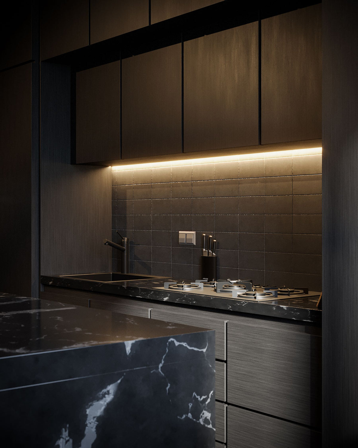 Moody dark modern kitchen interior - GM Nest Co dark band background