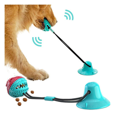 Suction Cup Dog Toy featuring a dog chewing on a tugging toy anchored with a strong suction cup for interactive play.