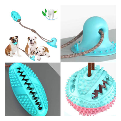 Suction Cup Dog Toy featuring a dog chewing on a tugging toy anchored with a strong suction cup for interactive play.