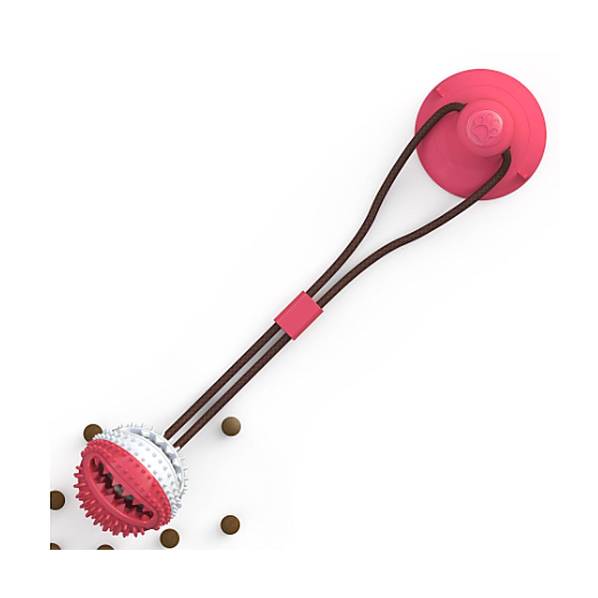 Suction Cup Dog Toy featuring a dog chewing on a tugging toy anchored with a strong suction cup for interactive play.